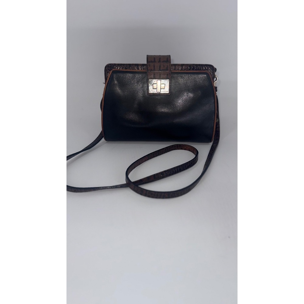 VTG Brahmin Croc‎ Embossed Leather Crossbody Bag Brown Black Suede Turnlock USA